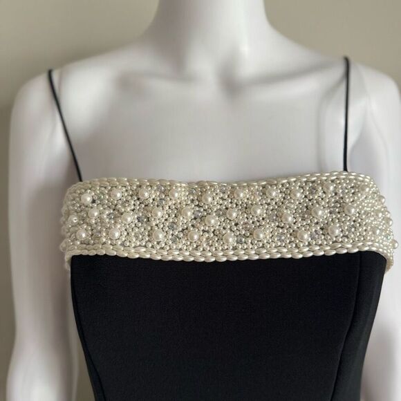 ALEX VTG 90’s Embellished Pearl Black Evening Dress With High Leg Slit - Picture 8 of 9